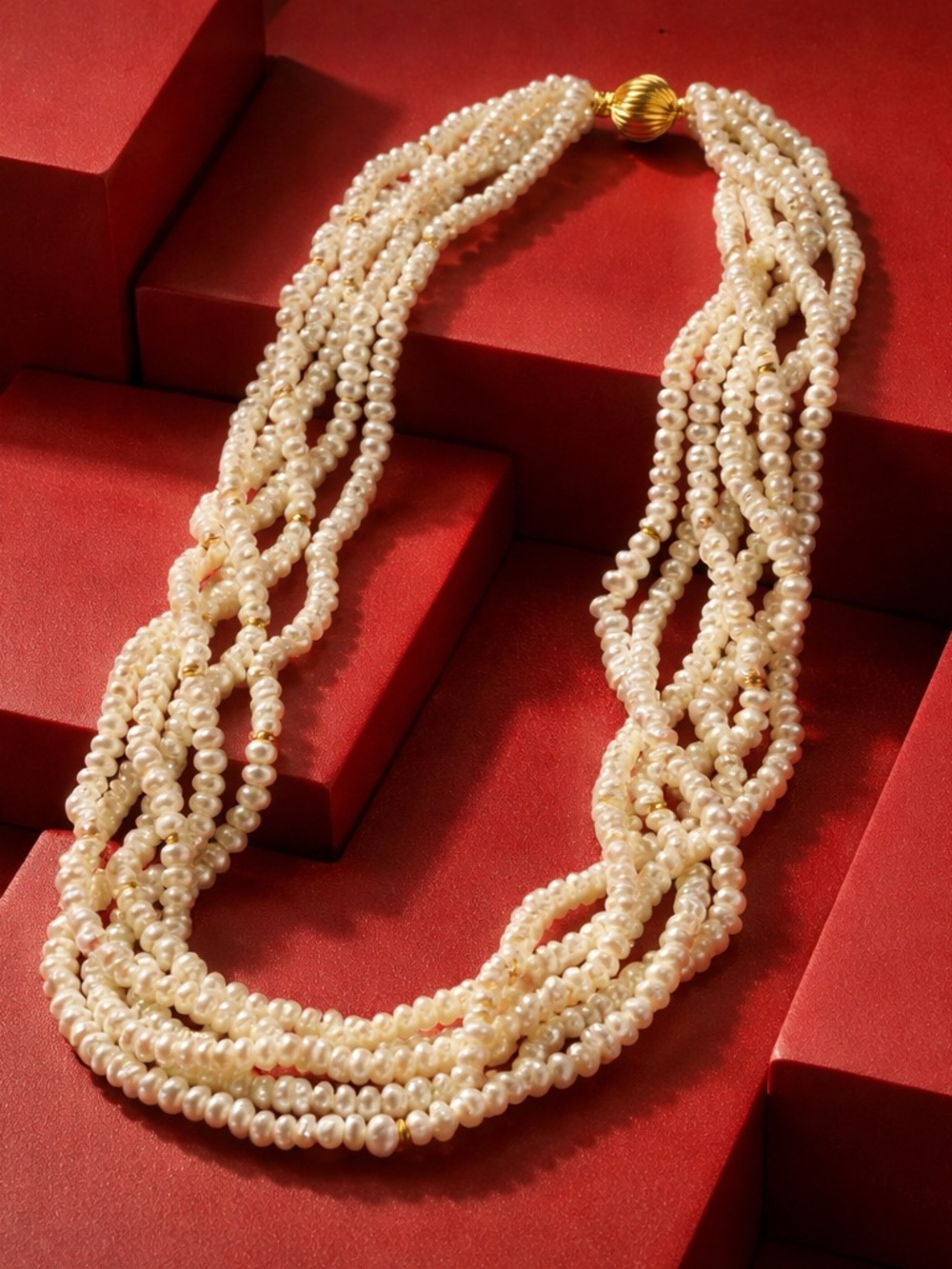 Baby Rice Twisted Multi-Strand Cream Pearl Necklace with Gold Clasp 14kt.